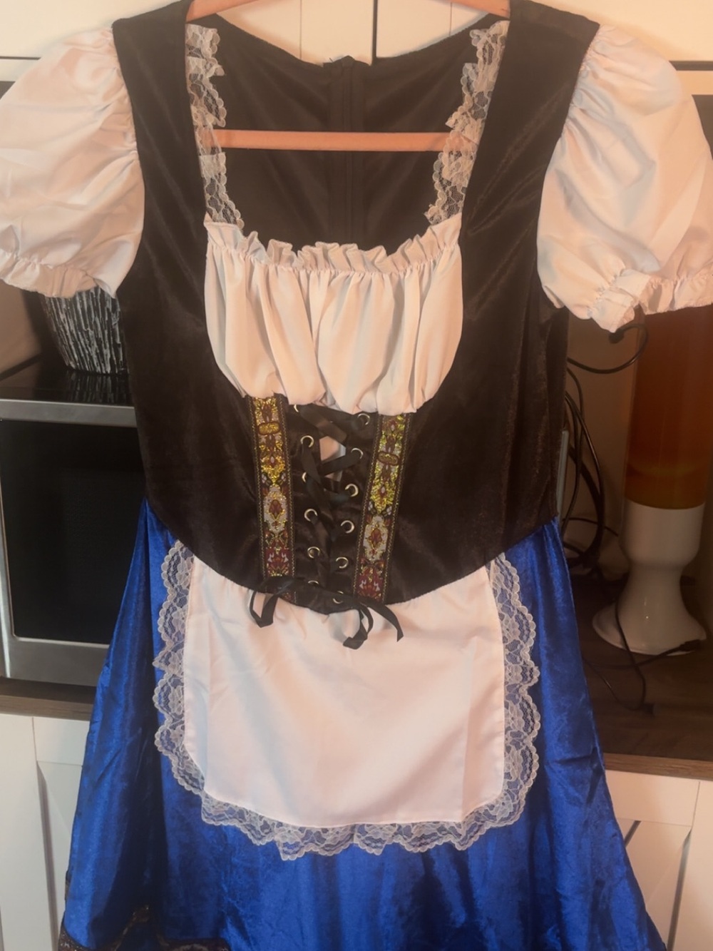 Traditional adults Bavarian Dirndl Costume in Blue, Black & White